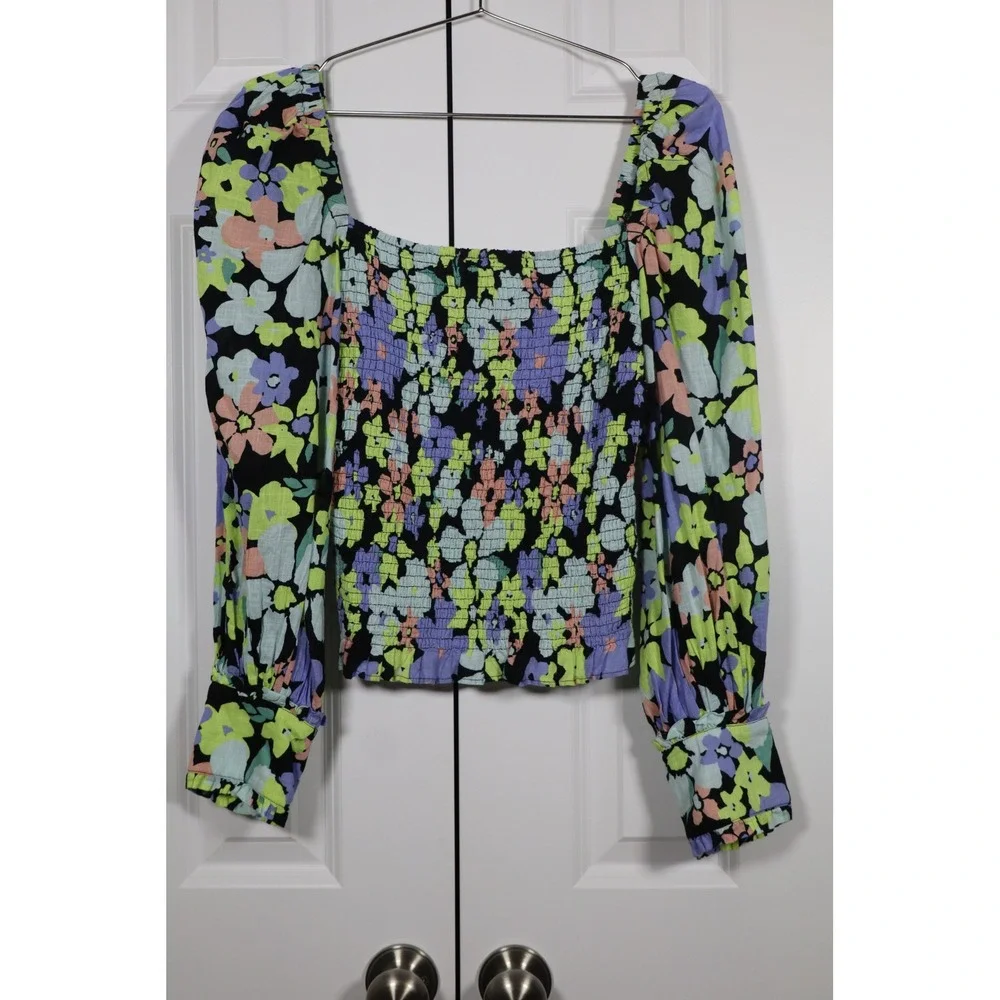 Free People Womens Floral Smocked Puff Sleeve Square Neck Blouse Black Multi‎ M
